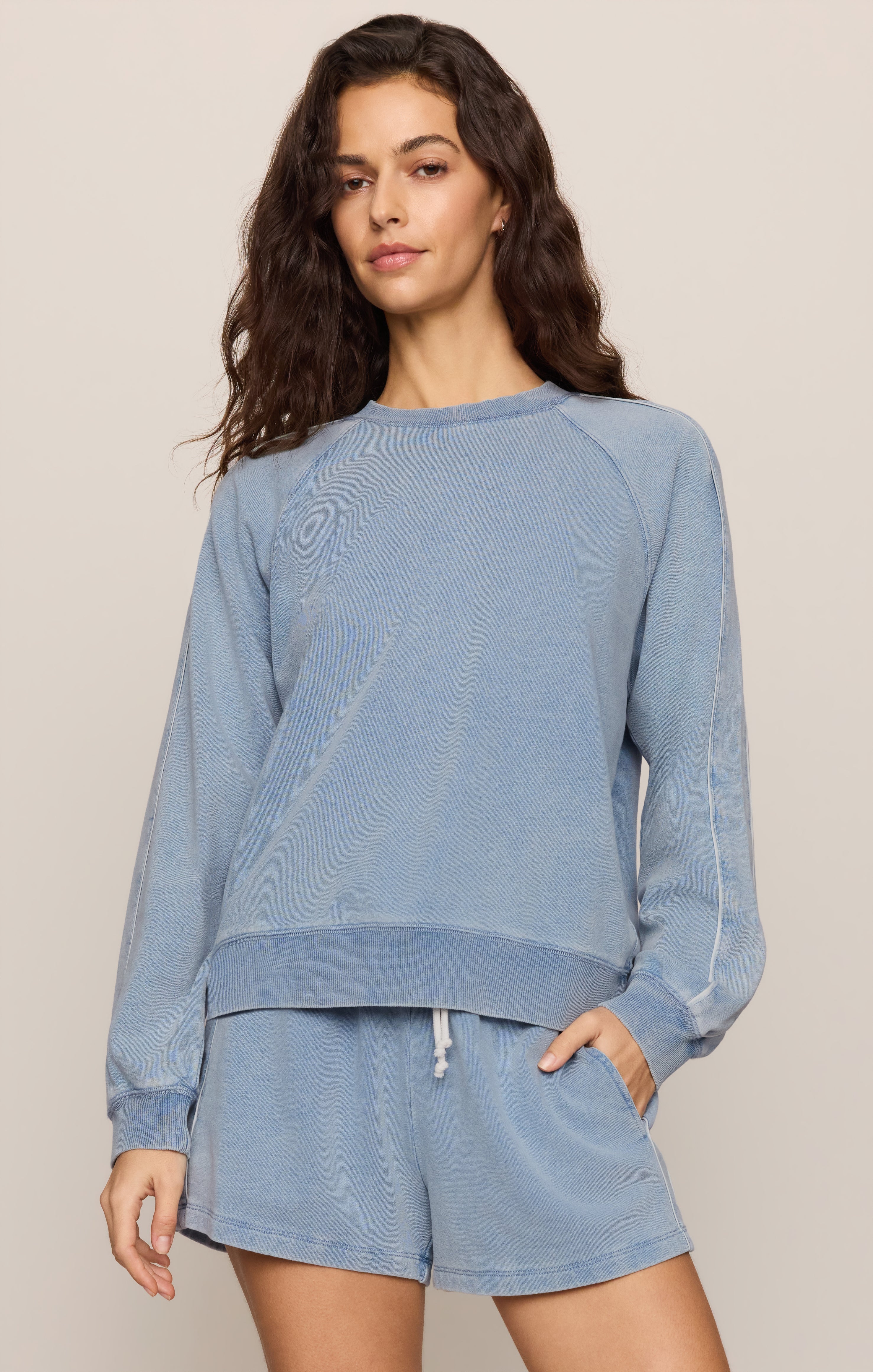 Sport Stripe Boyfriend Knit Denim Sweatshirt