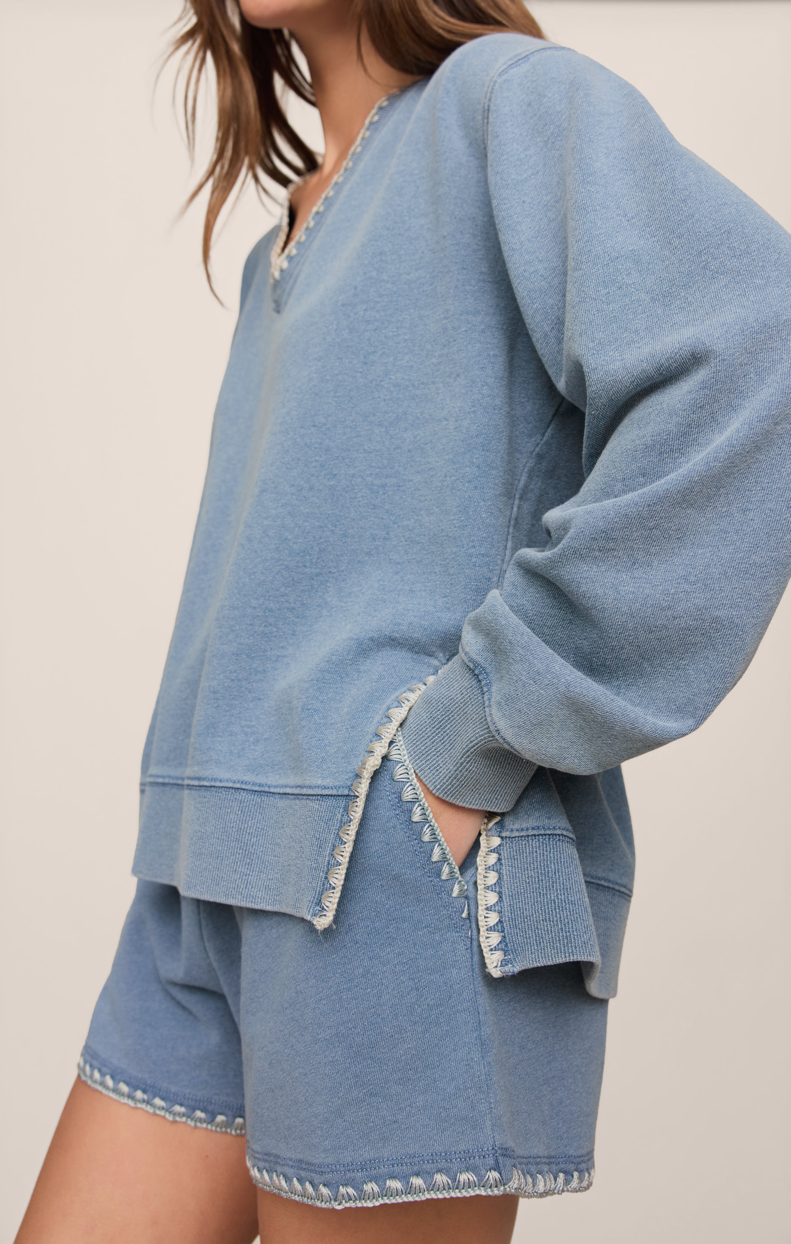 Cam Knit Denim Whipstitch Top